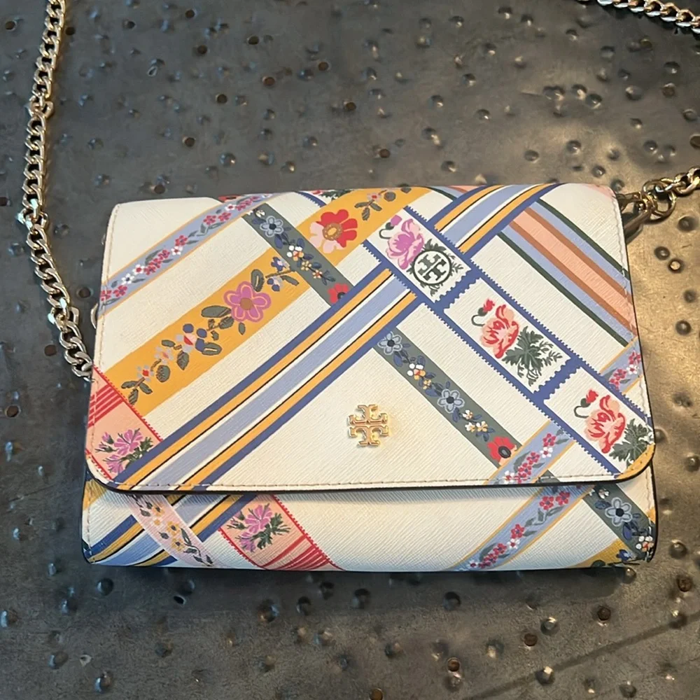 Tory Burch Kerrington Ribbon Weave Bias small Crossbody, cream w red, blue, gold - Picture 2 of 9